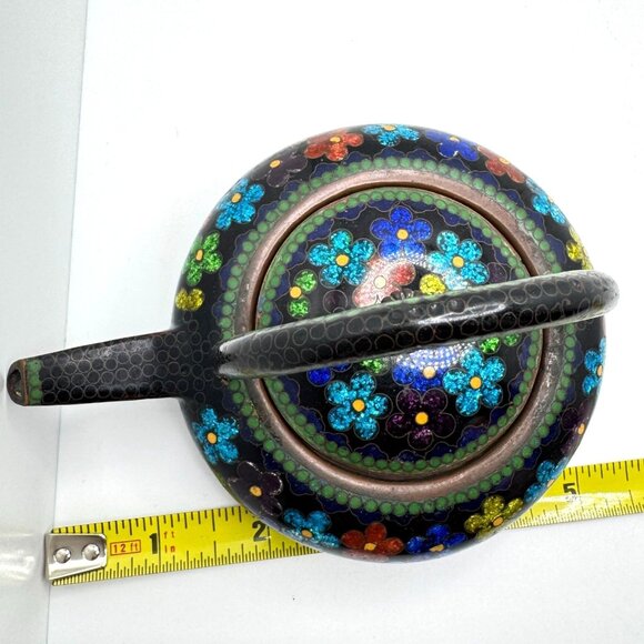 Cloisonné Vtg Floral Teapot Handle Lid Multicolor Enamel On Black Metal 5.5" - Picture 2 of 11